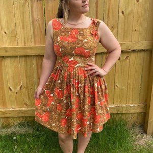 Vintage Dress 1970s Fit And Flare Roses Orange/brown